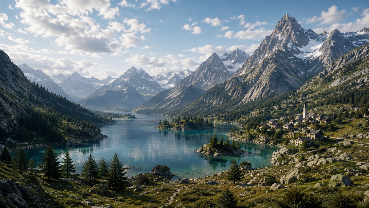 Research banner — lake and mountain range render
