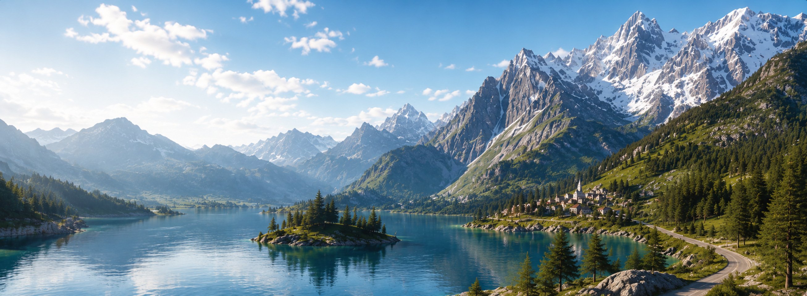 Hero render — alpine valley, lake, forest (16:9)