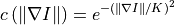 c\left(\|\nabla I\|\right)=e^{{-\left(\|\nabla I\|/K\right)^{2}}}