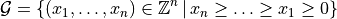 \mathcal{G} = \{ (x_1,\ldots,x_n)\in\mathbb{Z}^n\,|\, x_n\geq \ldots \geq x_1\geq 0 \}