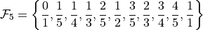 \mathcal{F}_5=\left       \{\frac{0}{1},\frac{1}{5},\frac{1}{4},\frac{1}{3},\frac{2}{5},\frac{1}{2},\frac{3}{5},\frac{2}{3},\frac{3}{4},\frac{4}{5},\frac{1}{1}\right \}