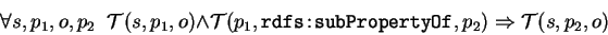 \begin{displaymath}\forall s,p_1,o,p_2 \;\; \mathcal{T}(s,\:p_1,\:o) \wedge
\mat...
...\!:\!subPropertyOf},\:p_2) \Rightarrow
\mathcal{T}(s,\:p_2,\:o)\end{displaymath}
