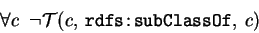 \begin{eqnarray*}
&\forall c \;\; \neg \mathcal{T}(c,\:\mathtt{rdfs\!:\!subClassOf},\:c)
\end{eqnarray*}