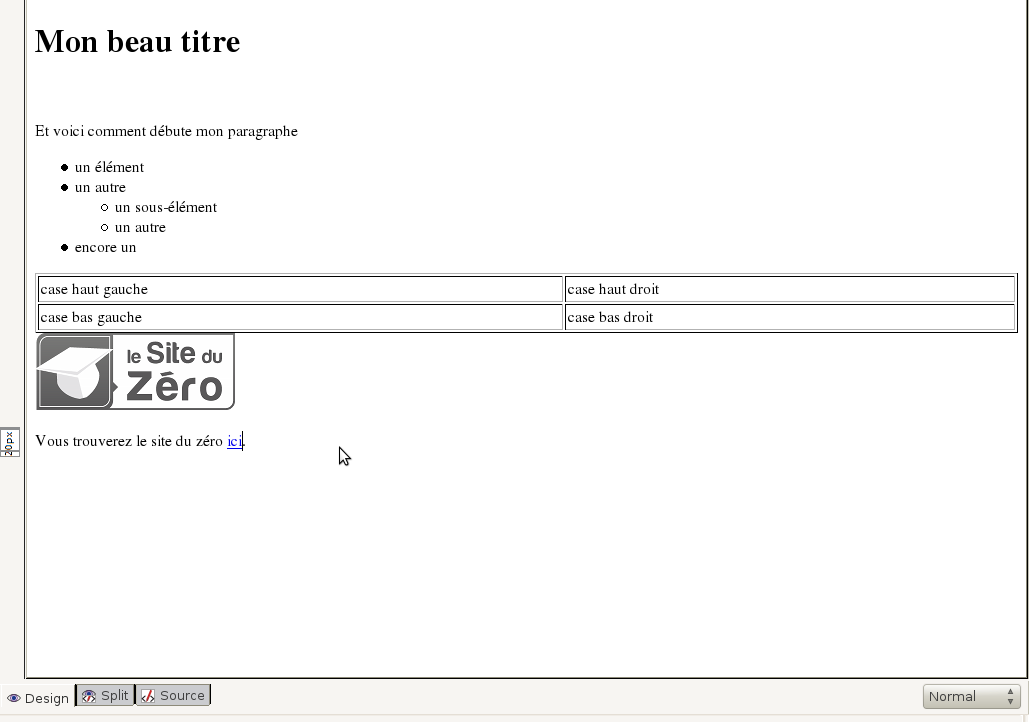 Copie d'cran montrant qu'un lien hypertexte a t ajout vers le site des zros